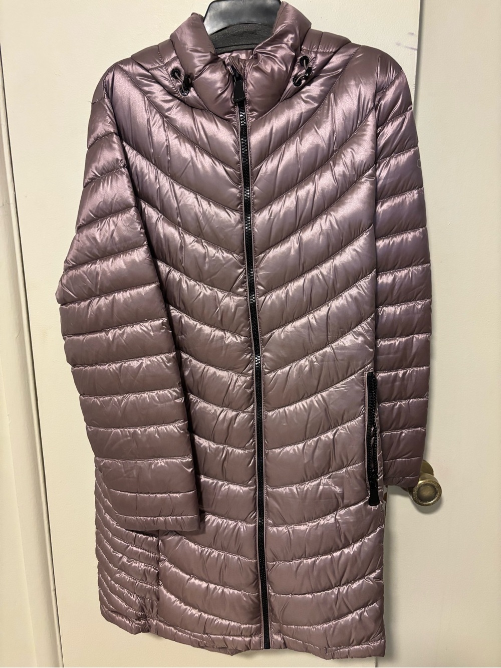Calvin Klein Metallic Mauve Long Chevron Puffer Coat - Picture 2 of 12